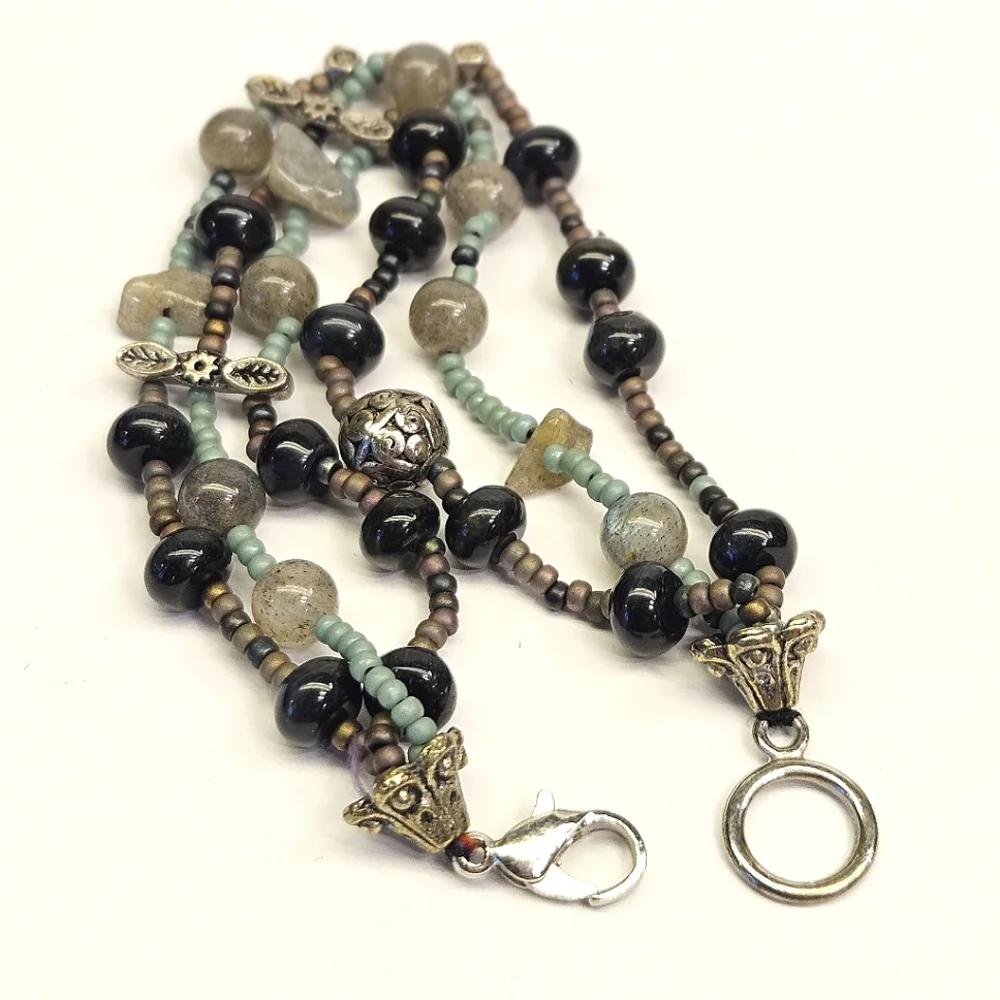 Labradorite and Deep Blue Tiger's Eye Triple Strand Beaded Bracelet